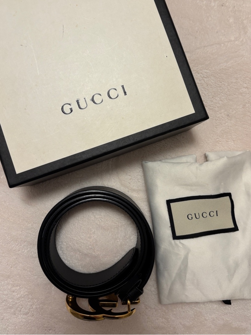 Gucci Black Leather Belt with Gold Double G Buckle Set